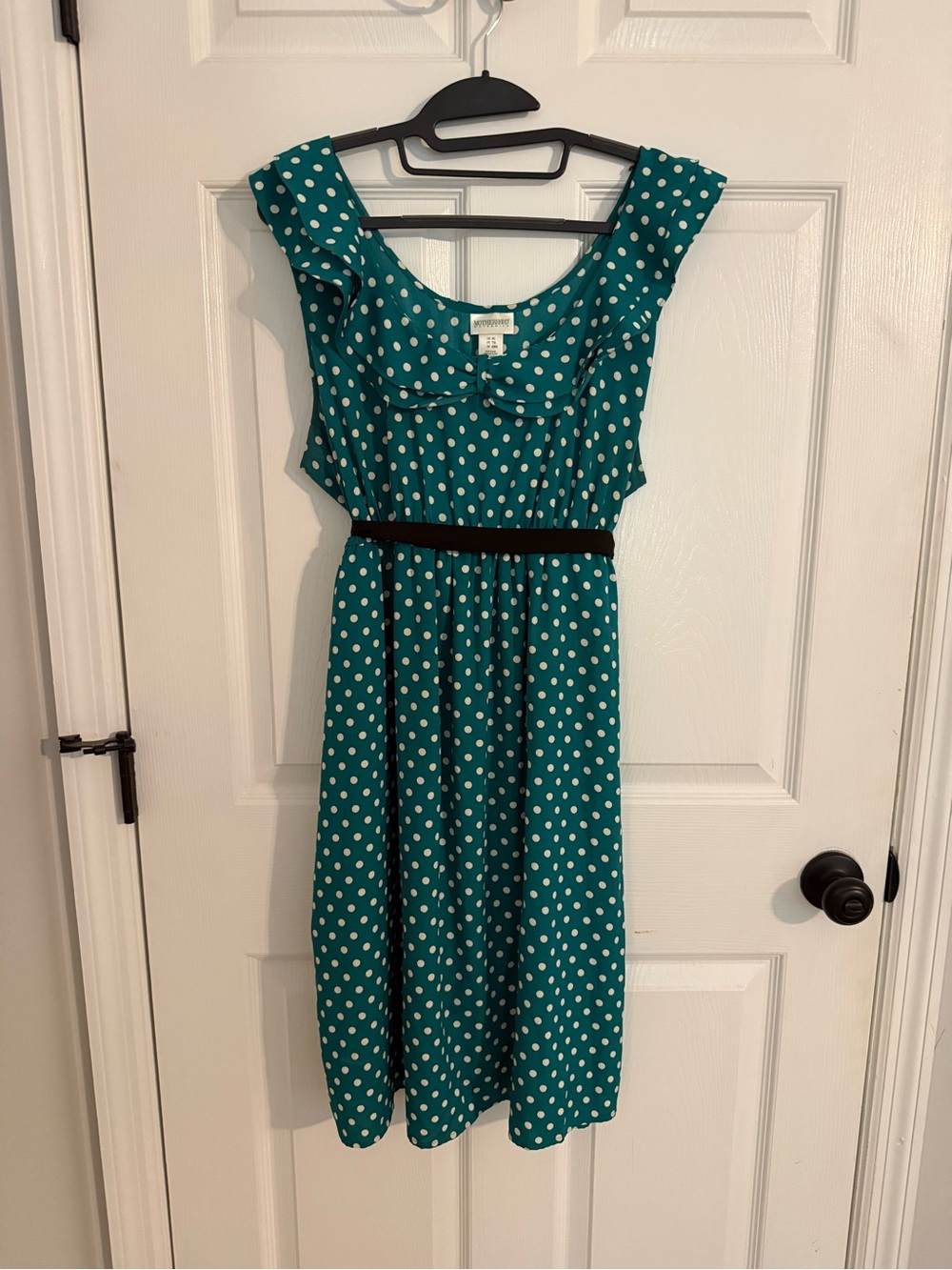 Motherhood Maternity Teal Polka Dot Sleeveless Midi Dress with Black Belt